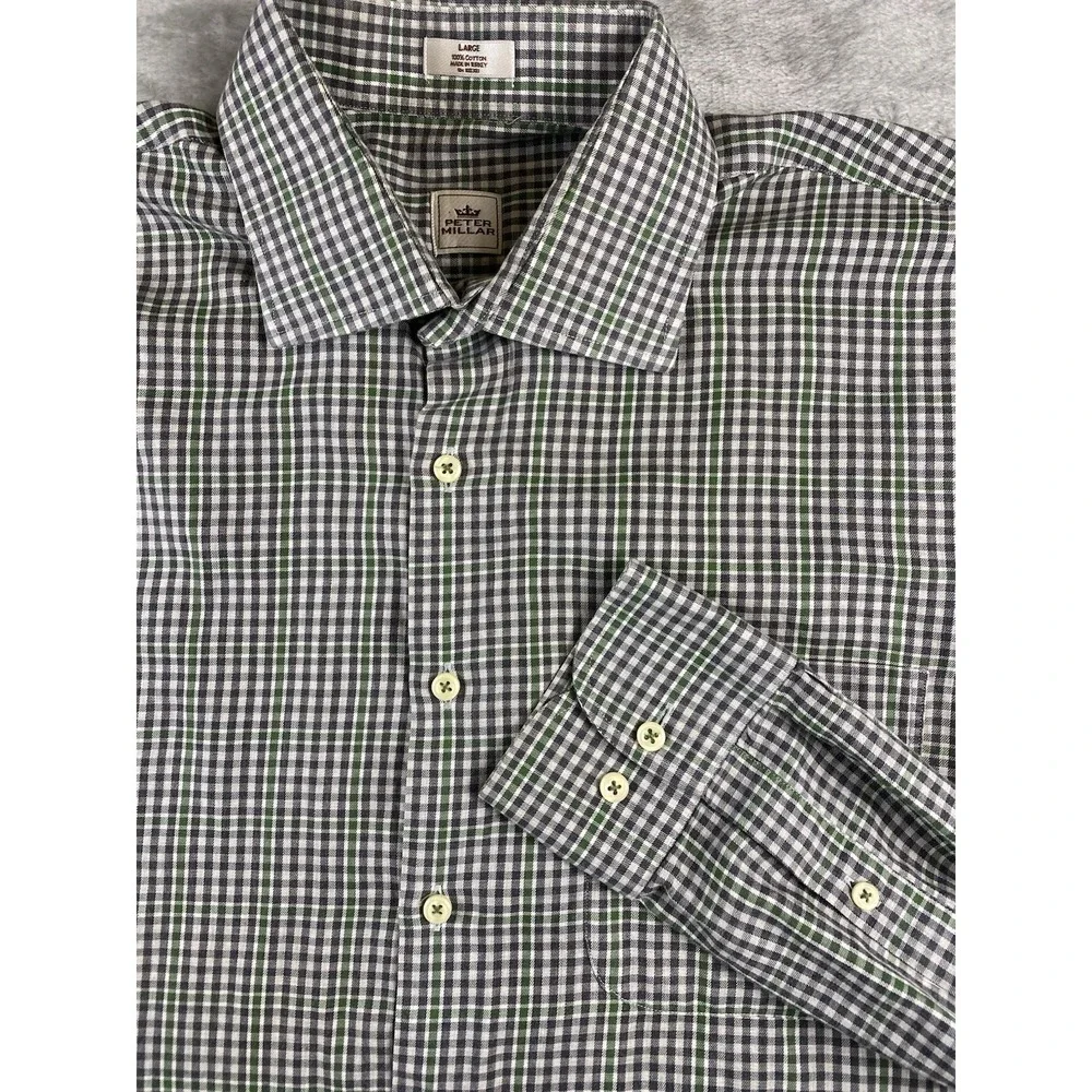 Peter Millar Men's Shirt Large Gray‎ & Green Gingham Check 100% Cotton Button Up